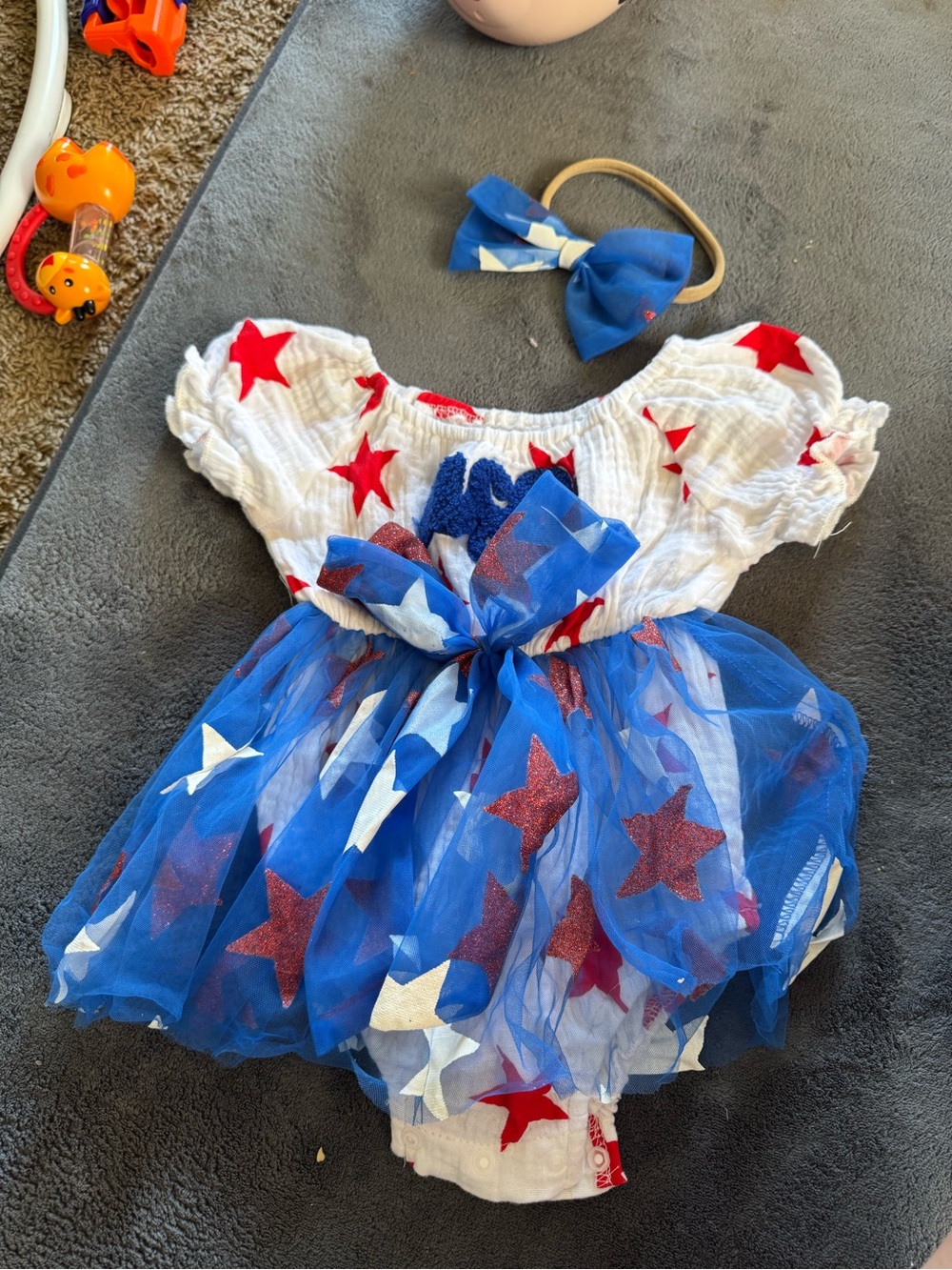 Patriotic Star Tutu Costume Dress with Headband - White & Blue